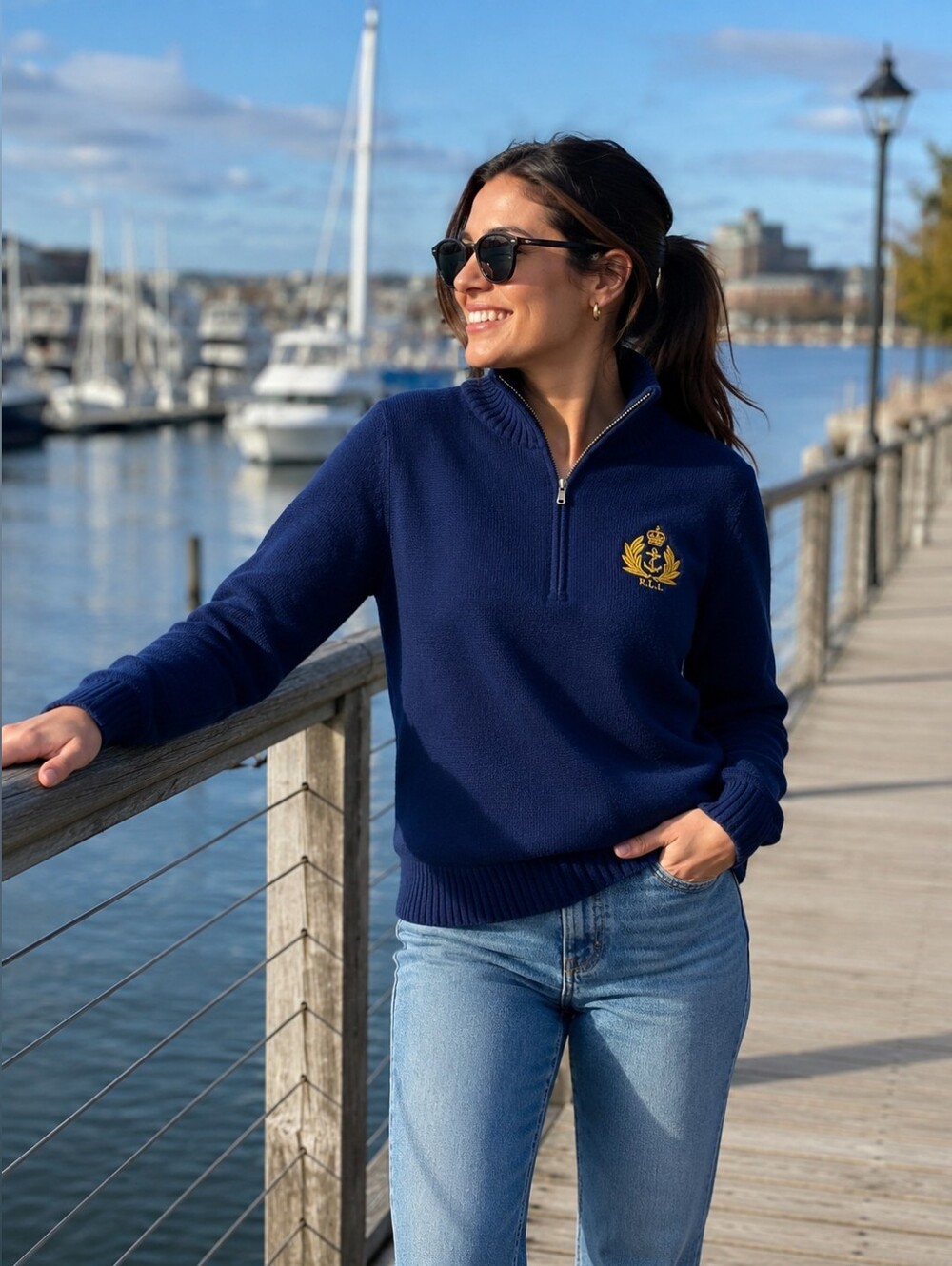 Lauren Ralph Lauren Nautical Navy Half-Zip Sweater with Gold Crest XL